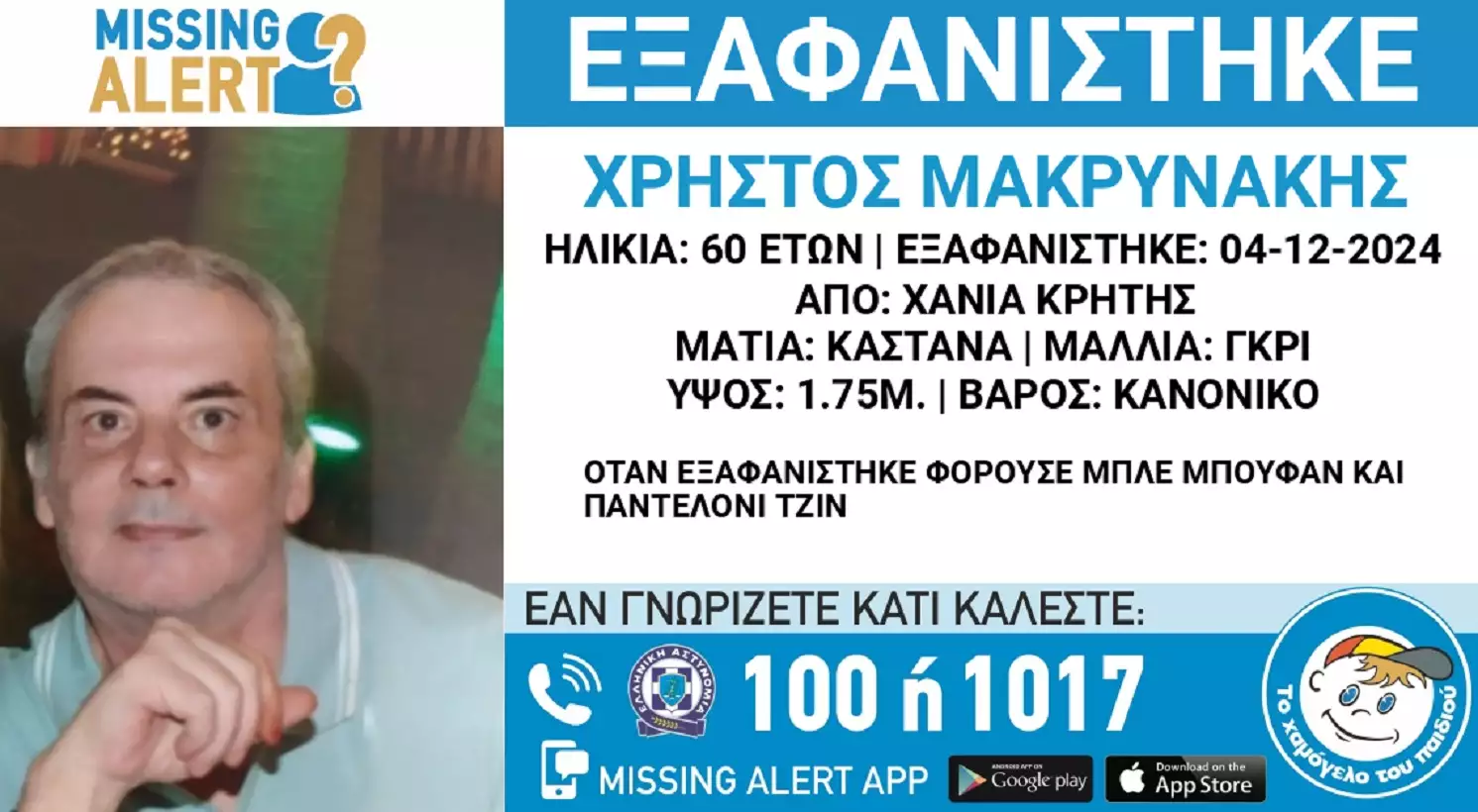 Εξαφανίστηκε ο 60χρονος Χρήστος από τα Χανιά – Η ανακοίνωση από το «Χαμόγελο του Παιδιού»