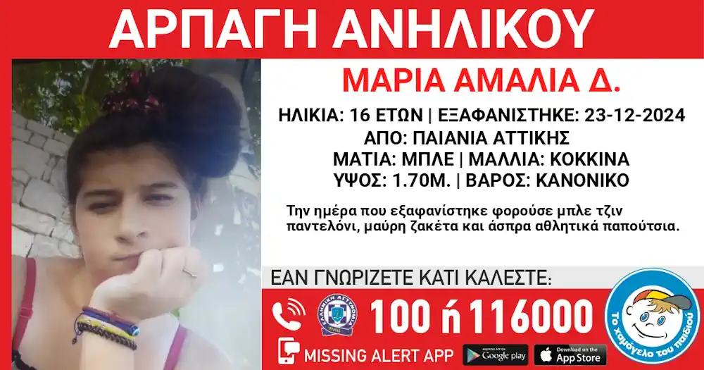 «Χαμόγελο του Παιδιού»: Αρπαγή της Μαρίας- Αμαλίας Δ., 16 ετών