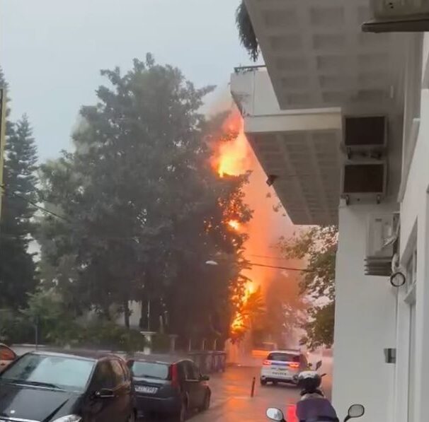Χαμός στη Νάυπακτο: Κεραυνός έκαψε δέντρο και δρόμοι πλημμύρισαν – Δείτε βίντεο