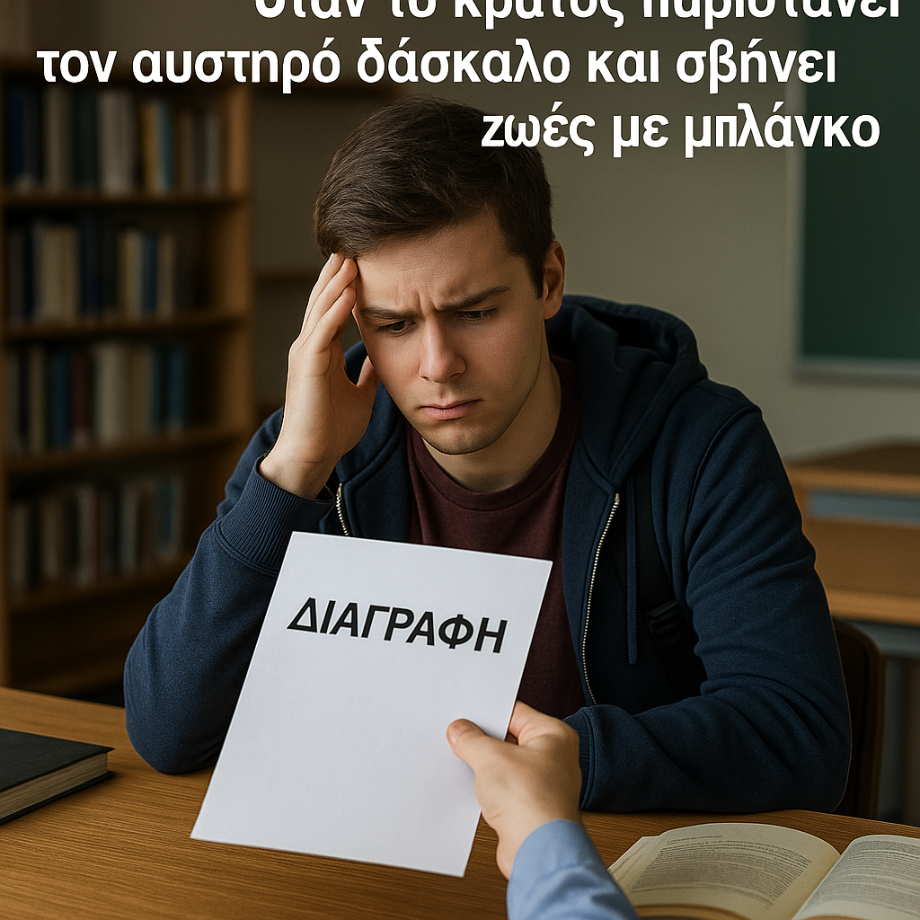 Διαγραφές πρωτοετών: Όταν το κράτος παριστάνει τον αυστηρό δάσκαλο και σβήνει ζωές με μπλάνκο.