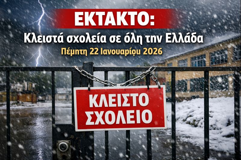 Έκτακτη ενημέρωση: Κλειστά σχολεία σήμερα Πέμπτη 22 Ιανουαρίου σε πολλές περιοχές της χώρας