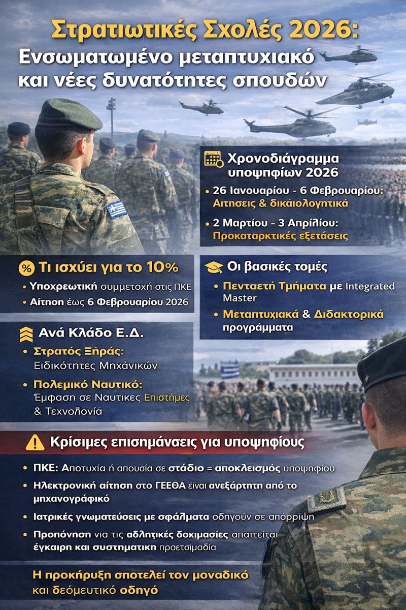 Στρατιωτικές Σχολές 2026: Ενσωματωμένο μεταπτυχιακό, νέες ειδικότητες και κρίσιμες αλλαγές για τους υποψηφίους