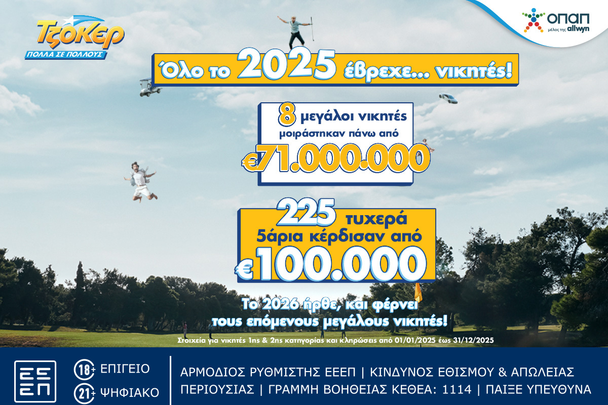 Το ΤΖΟΚΕΡ μοίρασε μέσα στο 2025 κέρδη άνω των 71 εκατ. ευρώ στους νικητές της πρώτης κατηγορίας – 225 τυχερά 5άρια κέρδισαν από 100.000 ευρώ