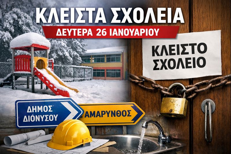 Κλειστά σχολεία τη Δευτέρα 26 Ιανουαρίου 2026 – Σε ποιες περιοχές αναστέλλεται η λειτουργία