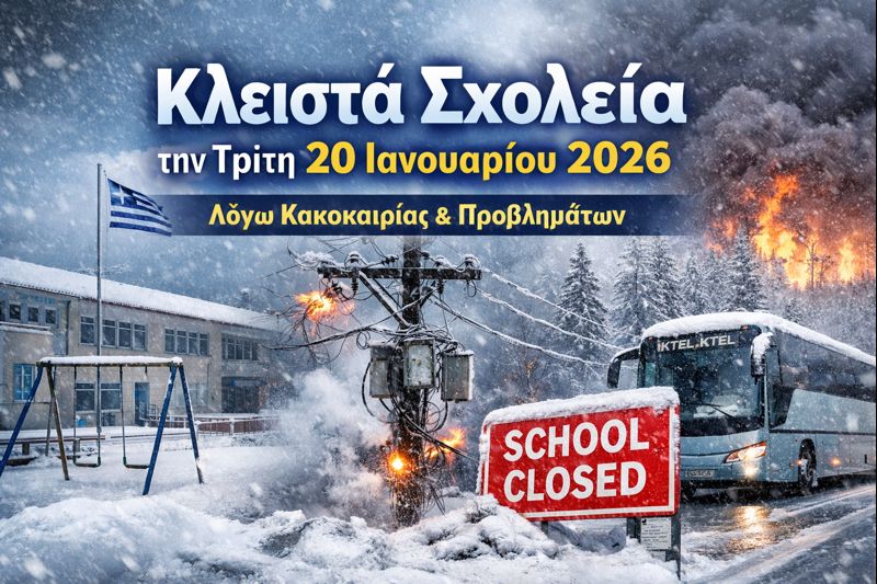 Κλειστά σχολεία την Τρίτη 20 Ιανουαρίου λόγω κακοκαιρίας και τεχνικών προβλημάτων
