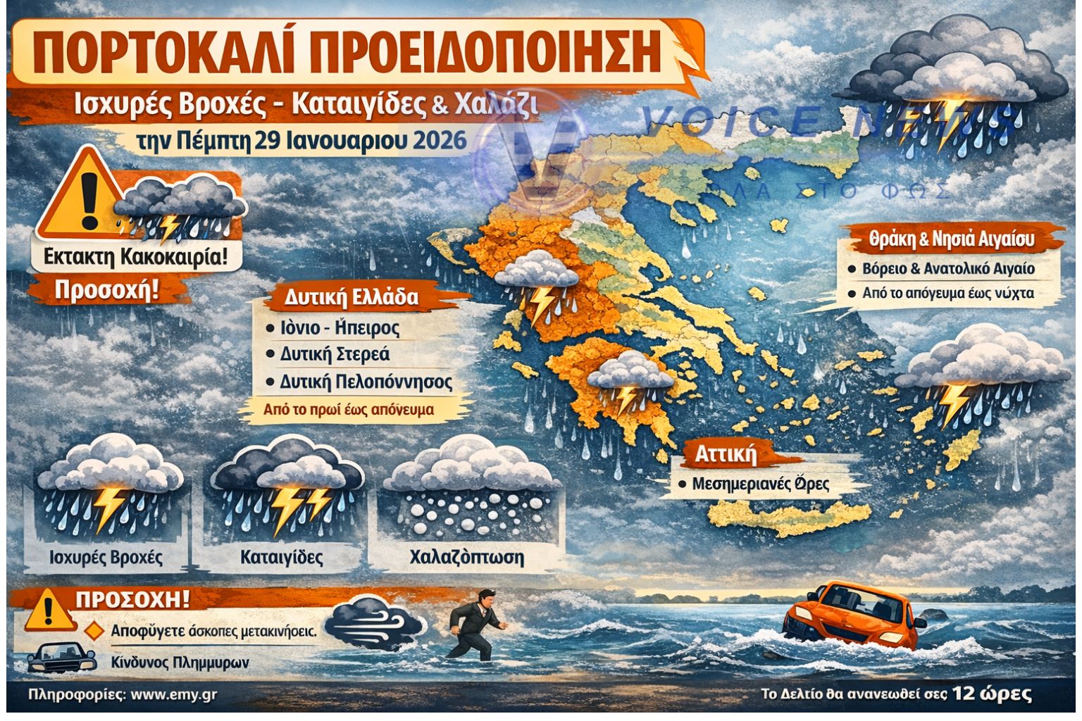 Πορτοκαλί συναγερμός για κακοκαιρία: Ισχυρές βροχές, καταιγίδες και χαλάζι σε πολλές περιοχές την Πέμπτη