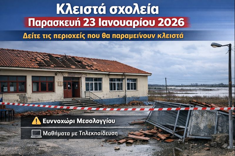 Κλειστά σχολεία την Παρασκευή 23 Ιανουαρίου 2026 – Σε ποιες περιοχές αναστέλλεται η λειτουργία
