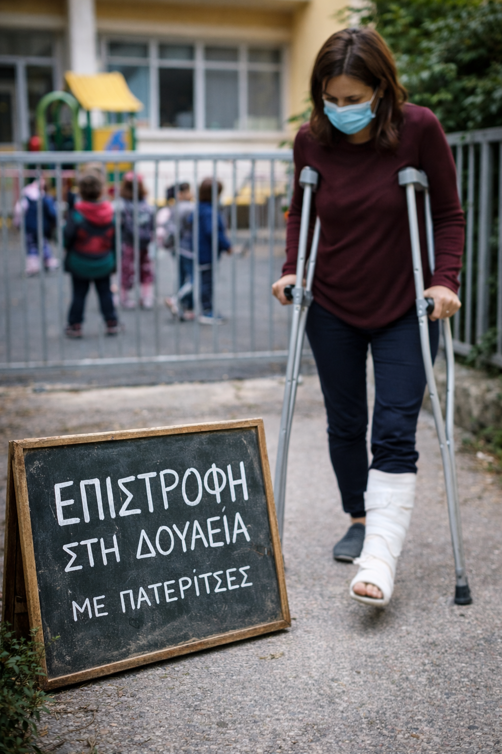 Αναπληρώτρια νηπιαγωγός επέστρεψε στη δουλειά με πατερίτσες μετά από εργατικό ατύχημα