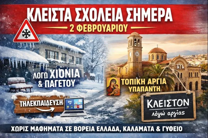 Κλειστά σχολεία σήμερα Δευτέρα 2 Φεβρουαρίου – Σε ποιες περιοχές και γιατί