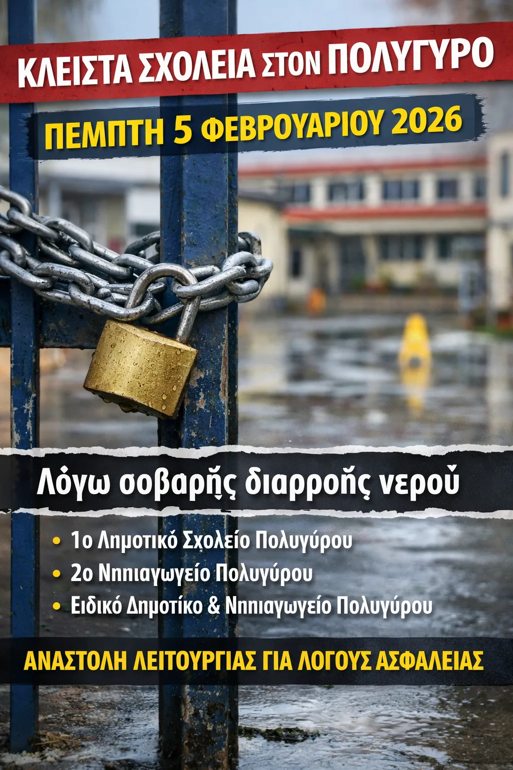 Κλειστά σχολεία  σήμερα Πέμπτη 5 Φεβρουαρίου 2026