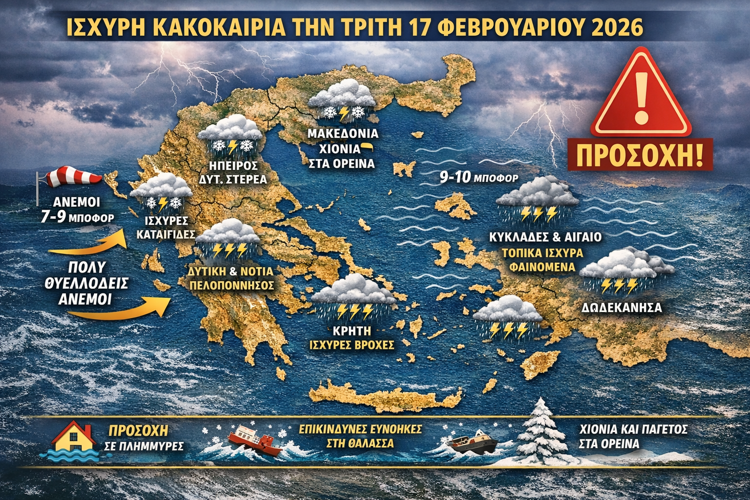 Ισχυρή κακοκαιρία την Τρίτη 17 Φεβρουαρίου 2026 – Καταιγίδες, θυελλώδεις άνεμοι και χιόνια στα ορεινά