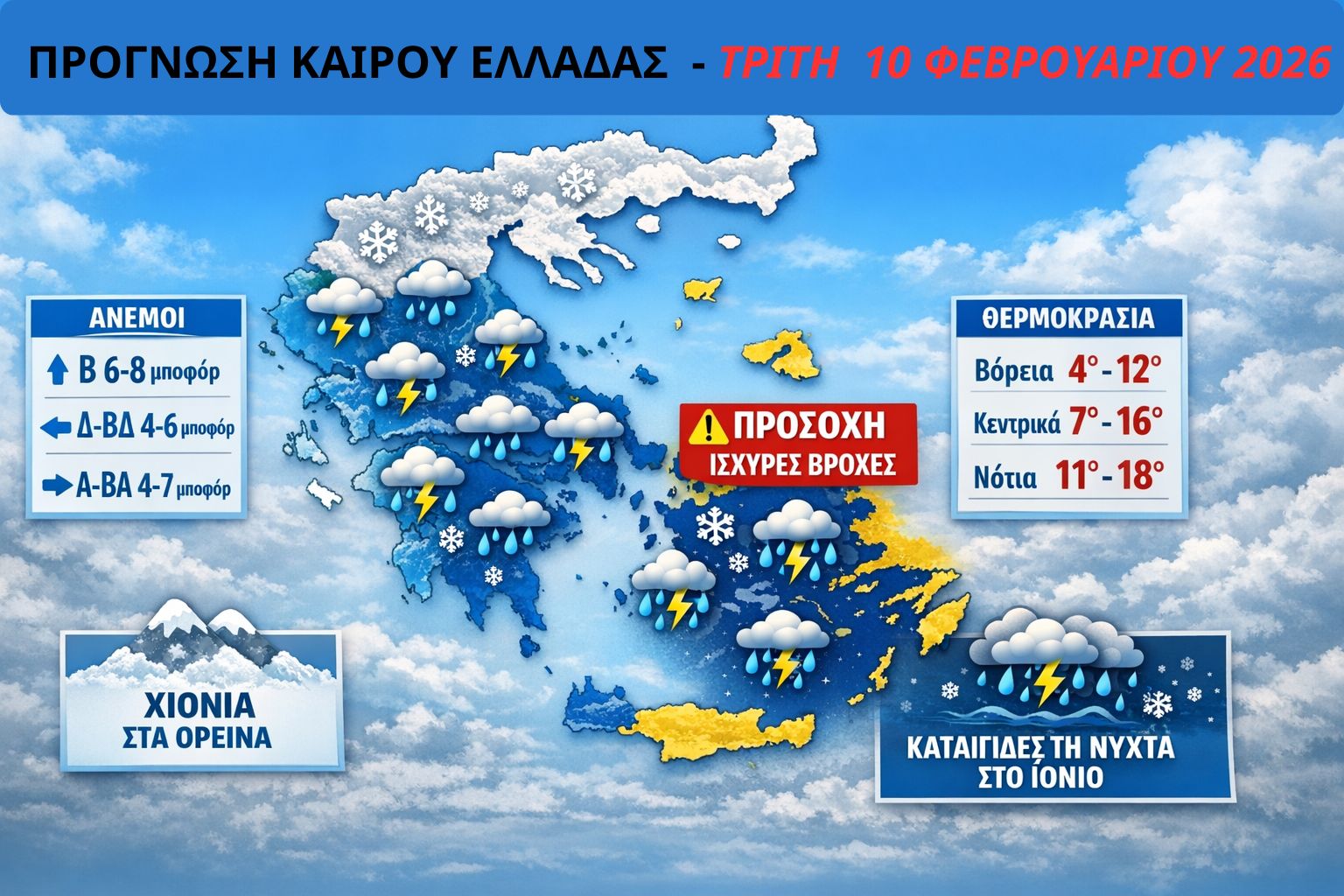 Αστατος καιρός σήμερα στην Ελλάδα: Τοπικές βροχές, χιόνια στα ορεινά και πτώση της θερμοκρασίας