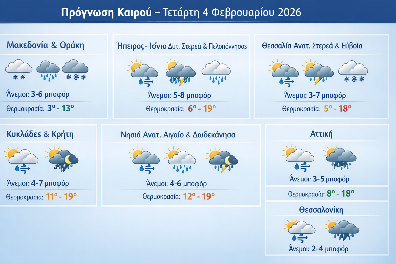 Πρόγνωση καιρού για σήμερα, Τετάρτη 4 Φεβρουαρίου 2026: Νεφώσεις, βροχές και τοπικές καταιγίδες