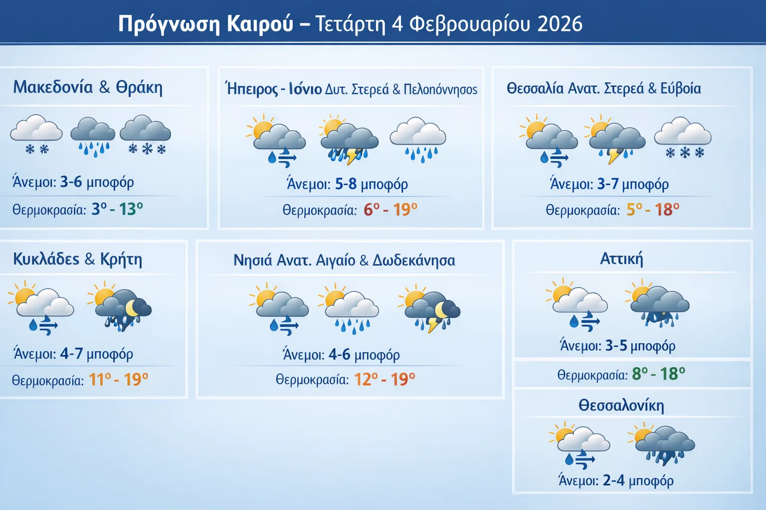 Πρόγνωση καιρού για σήμερα, Τετάρτη 4 Φεβρουαρίου 2026: Νεφώσεις, βροχές και τοπικές καταιγίδες