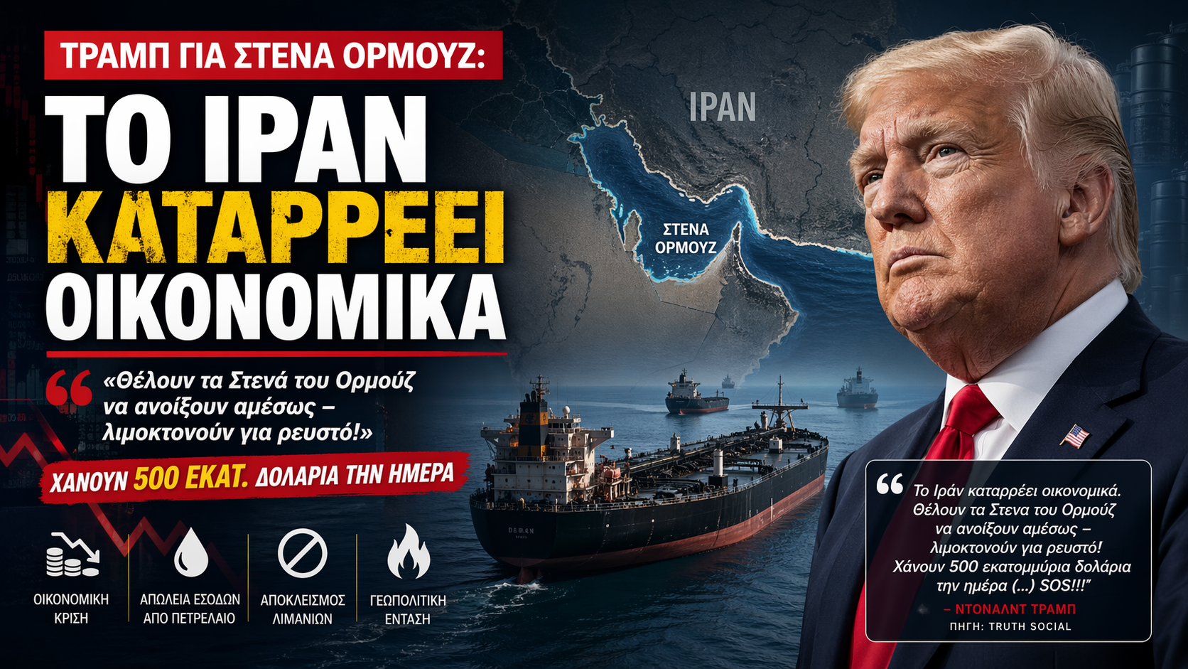 Τραμπ για Στενά Ορμούζ: «Το Ιράν καταρρέει – χάνει $500 εκατ. την ημέρα»