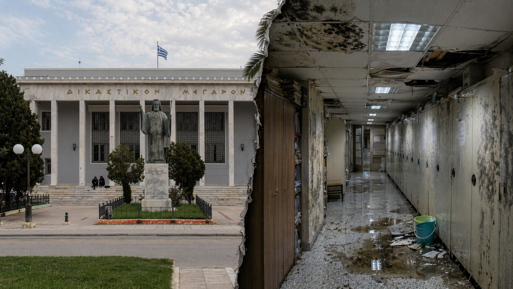 ΚΑΤΑΠΕΛΤΗΣ ΟΙ ΔΙΚΑΣΤΕΣ: «Πέφτουν οι οροφές, μυρίζει μούχλα και φοβόμαστε την ηλεκτροπληξία!»