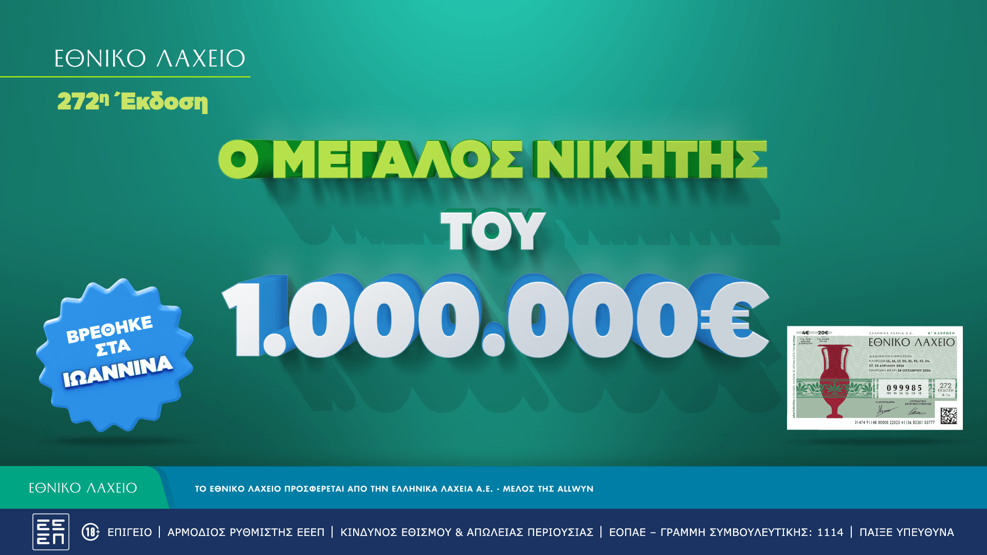 Εθνικό Λαχείο: Στις 20 Μαΐου ξεκινούν οι κληρώσεις της νέας έκδοσης – Στα Ιωάννινα ο νικητής του 1 εκατ. ευρώ που κέρδισε τον Μεγάλο Λαχνό της 272ης έκδοσης