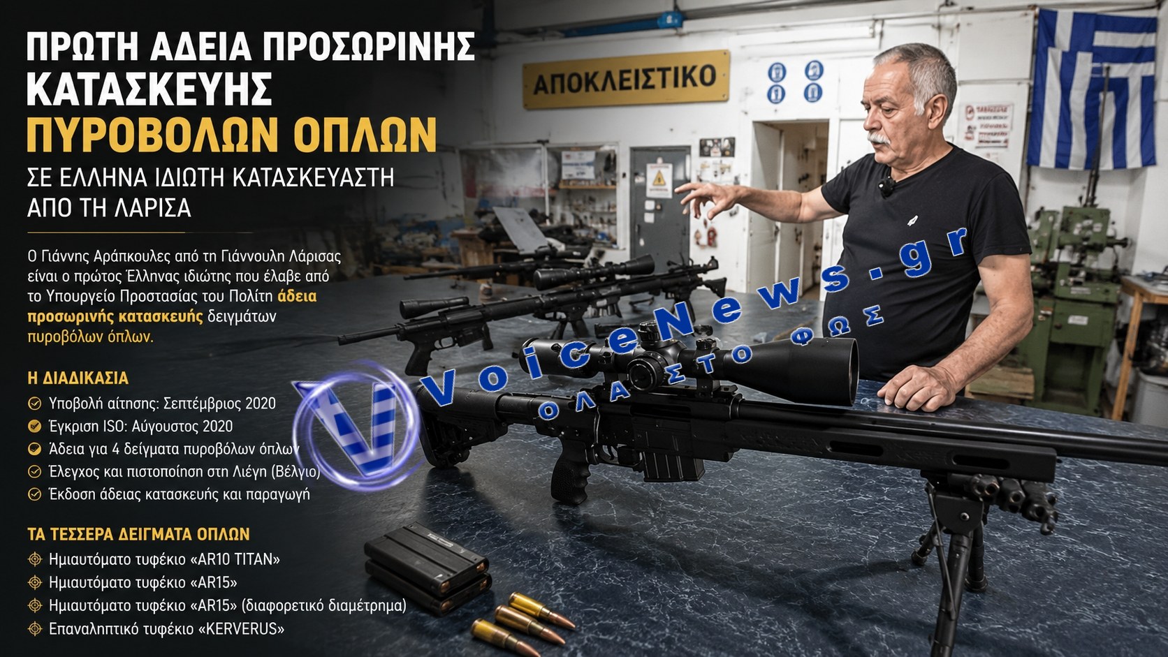 Πρώτη άδεια προσωρινής κατασκευής πυροβόλων όπλων σε Έλληνα ιδιώτη δόθηκε σε κατασκευαστή από τη Λάρισα