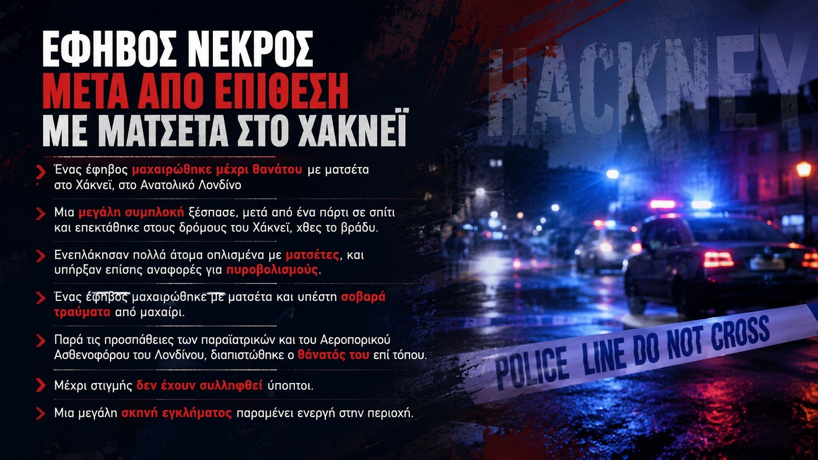 Αιματηρή συμπλοκή στο Ανατολικό Λονδίνο – Έφηβος νεκρός μετά από επίθεση με ματσέτα στο Χάκνεϊ (ΒΙΝΤΕΟ)
