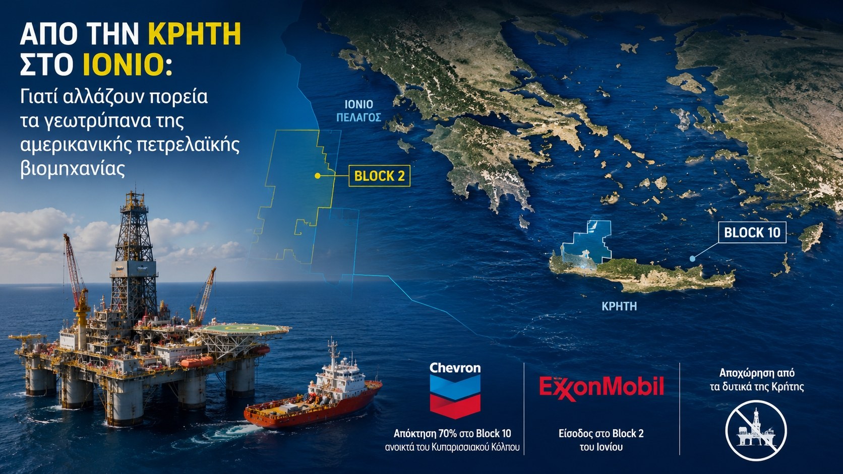 Από την Κρήτη στο Ιόνιο: Οι αμερικανικοί ενεργειακοί κολοσσοί αλλάζουν στρατηγική στις έρευνες υδρογονανθράκων