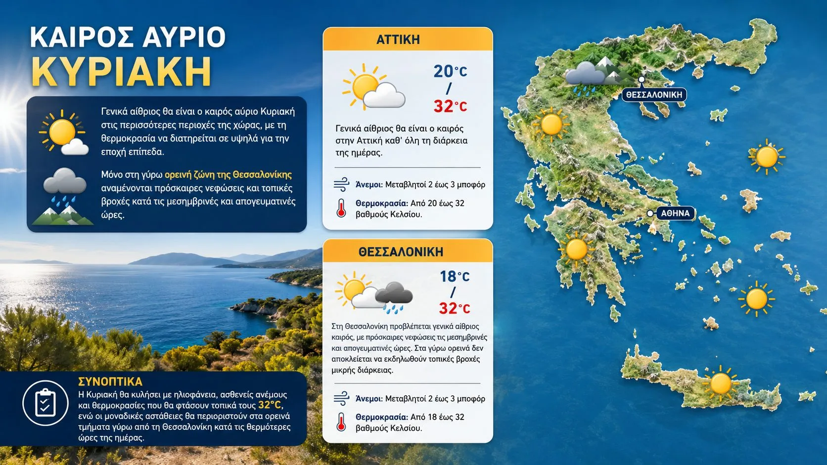 Καιρός αύριο Κυριακή: Ηλιοφάνεια και άνοδος της θερμοκρασίας – Τοπικές βροχές στα ορεινά της Θεσσαλονίκης