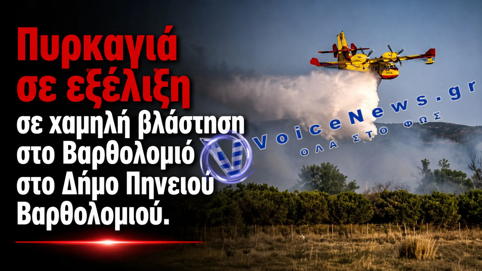 Πυρκαγιά σε εξέλιξη σε χαμηλή βλάστηση στο Βαρθολομιό του Δήμου Πηνειού